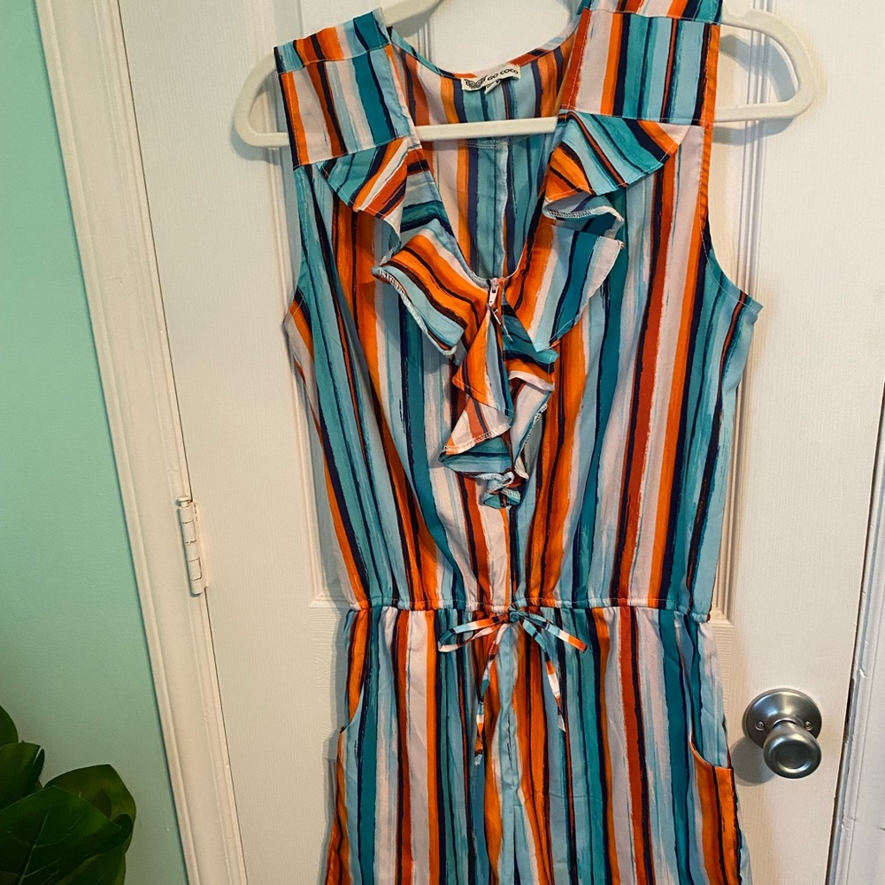 Multi color striped romper with ruffle front